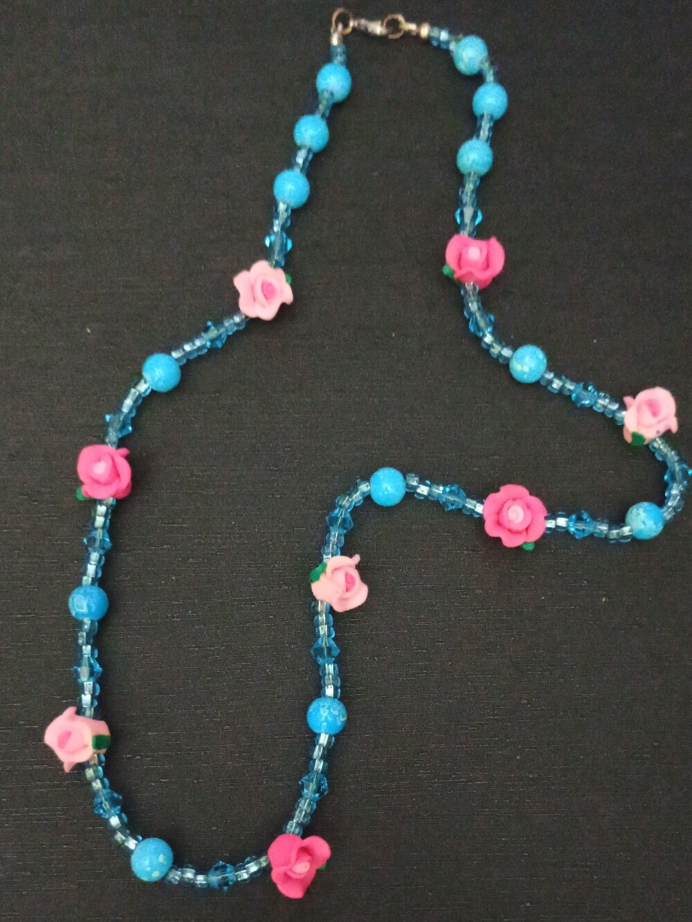 Vintage Blue Beaded Necklace with Pink Flower Accents